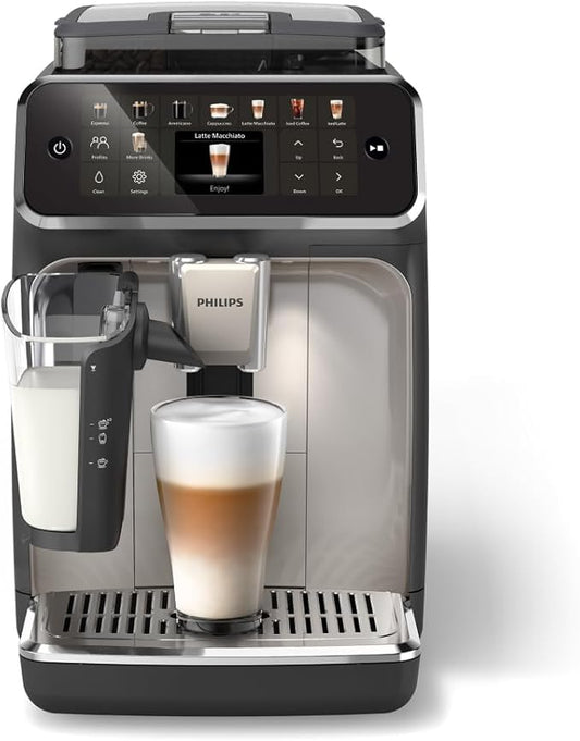 PHILIPS Espressomaschine der Serie 5500, LatteGo Milchsystem, integriertes Mahlwerk, 20 Voreinstellungen für Heiß- und Eiskaffee, Schnellstart, SilentBrew, 15 bar Druck, Black Chrome (EP5544/94)