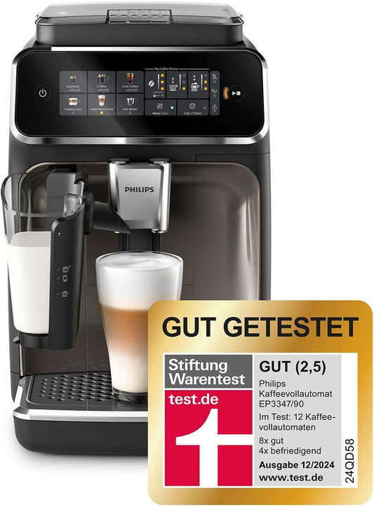 Philips 3300 Series Kaffeevollautomat - 6 Getränke, Modernes Farb-Touchscreen-Display, LatteGo-Milchsystem, SilentBrew, 100% Keramikmahlwerk, AquaClean Filter. Schwarzchrom (EP3347/90)