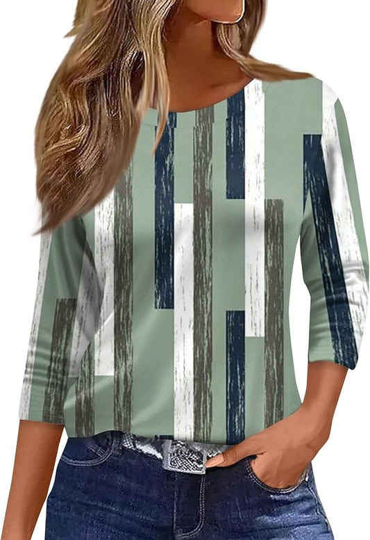 Women's 3/4 Sleeve, Basic Shirt Women's T-Shirts Women Club Clothing Plus 3/4 Sleeve T-Shirt Lightweight with Elastic Thin Print Crew Neck