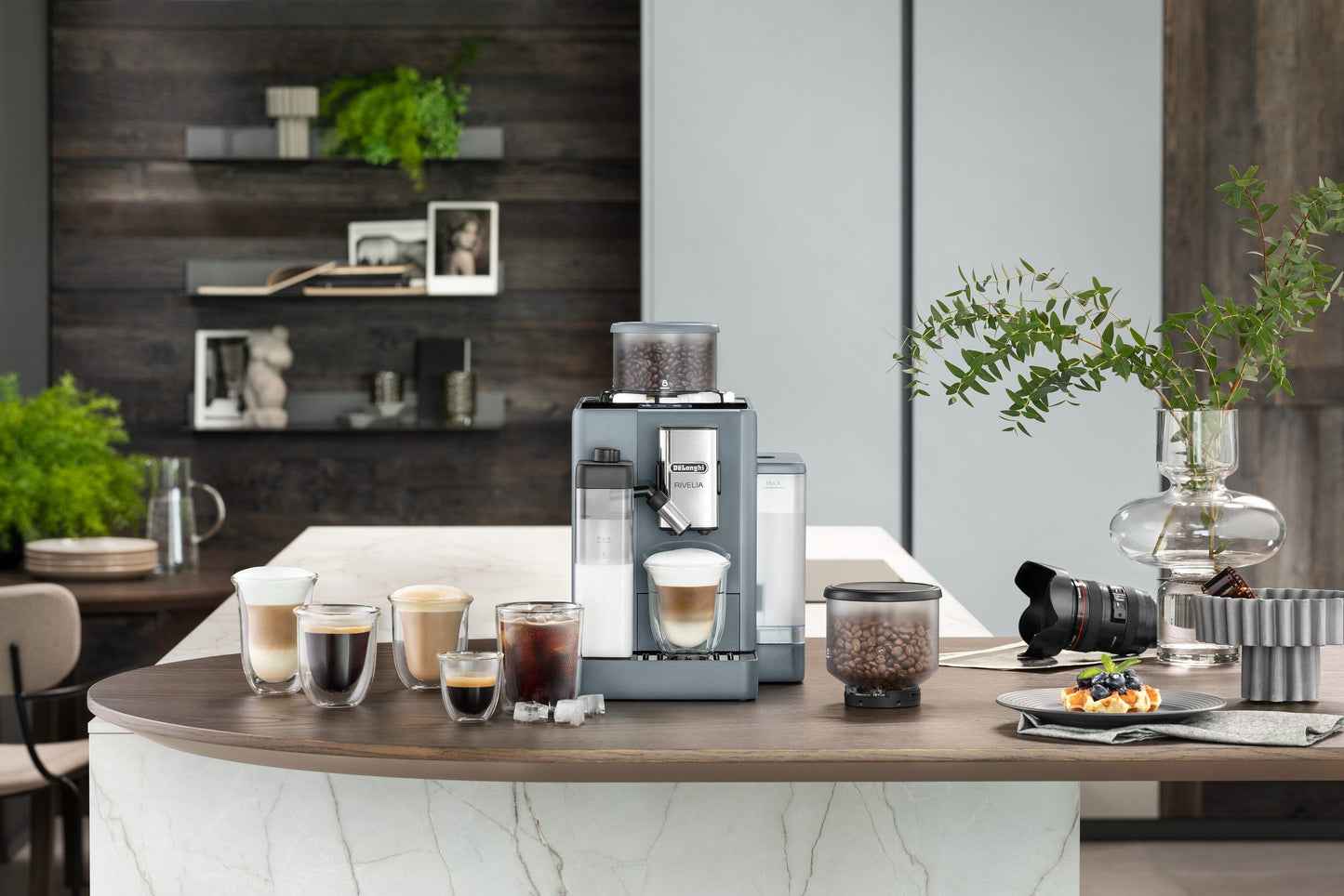 DE'LONGHI Kaffeevollautomat Rivelia EXAM440.55.G – 16 Kaffee-Rezepte, 2 Barista-Bohnenbehälter, grau Extra-Shot-Funktion, Innovatives Bean-Switch System, Touchdisplay