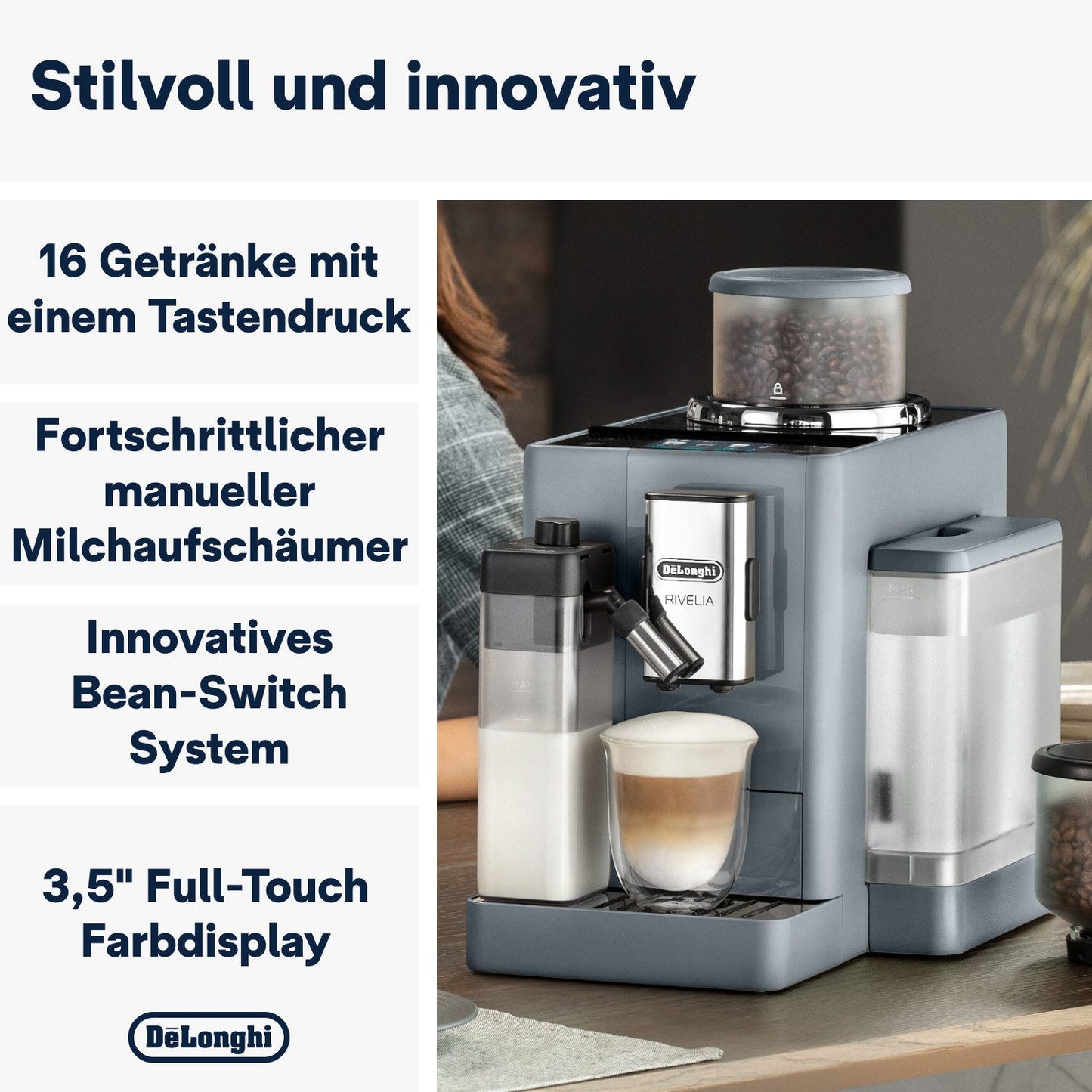 DE'LONGHI Kaffeevollautomat Rivelia EXAM440.55.G – 16 Kaffee-Rezepte, 2 Barista-Bohnenbehälter, grau Extra-Shot-Funktion, Innovatives Bean-Switch System, Touchdisplay